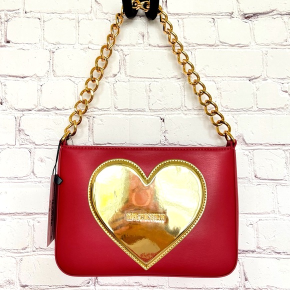 Love Moschino Handbags - LOVE MOSCHINO Red with Gold Heart Zippered Vegan Leather Handbag/Crossbody--NWT